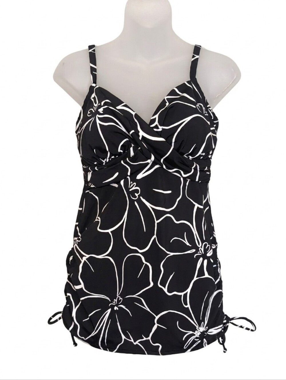 Trimshaper Black White Floral Tankini Top Tummy Control Swimsuit Womens Size 10